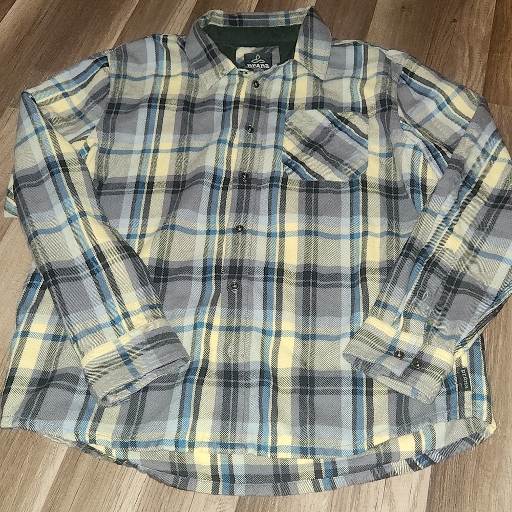 Prana Flannel Shirt Size Large Blue and Yellow Plaid Long Sleeve